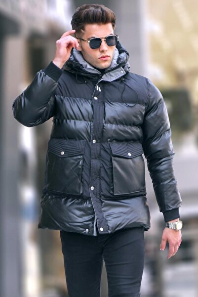 Madmext Μαύρη κουκούλα με λεπτομέρεια Puffer παλτό 5744