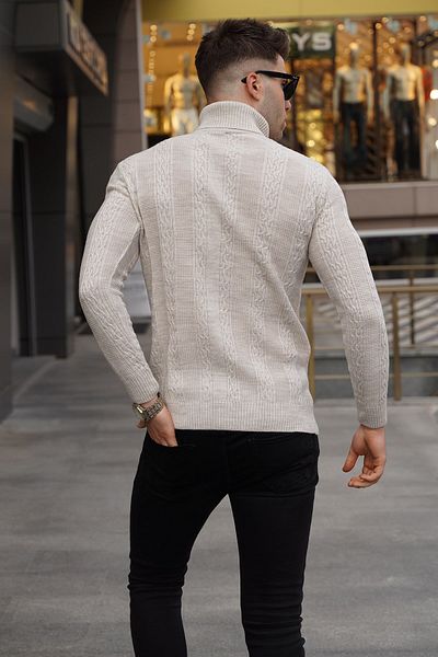 Madmext Stone Color Patterned Turtleneck Knitwear Sweater 5769