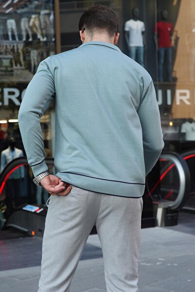 Madmext Water Green Zippered Polo Neck Knitwear Men's Sweater 6823