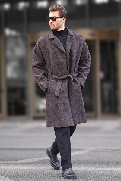 Madmext Kahverengi Kruvaze Yaka Desenli Kaşe Kaban 7250