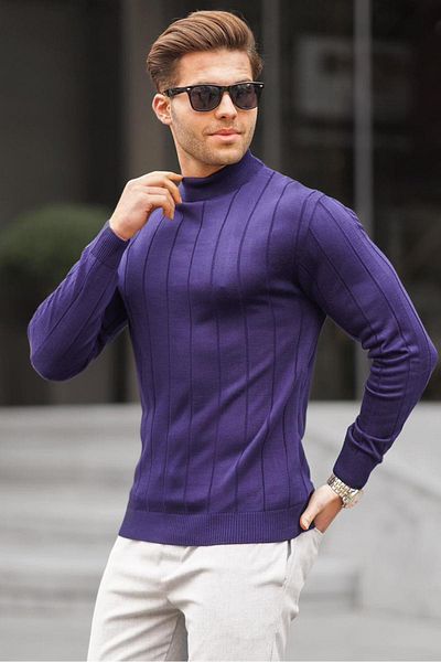Madmext Marineblauer Slim Fit Halbrollkragenpullover mit Streifen und Anti-Pilling für Herren Strickpullover 6344