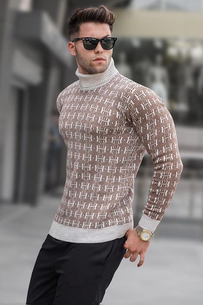 Madmext Stone Color Patterned Turtleneck Knitwear Sweater 5768