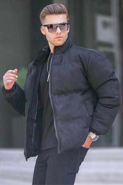 Madmext Schwarze Herren-Pufferjacke aus Nubukleder 6802