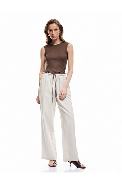 Koton Contrast Detailed Tied Waist Pocket Wide Leg Linen Trousers