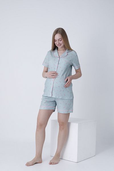 Miss Dünya Lissa Front Buttoned Shirt Collar Printed Short Sleeve Woven Fabric Maternity and Maternity Shorts Pajama Set