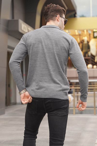 Madmext Antracit mintás cipzáras póló nyakú kötöttáru férfi pulóver 5783