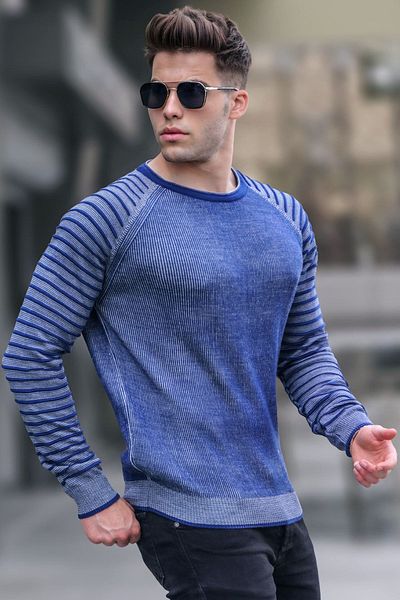 Madmext Hellmarineblauer Strickpullover mit Rundhalsausschnitt 5766