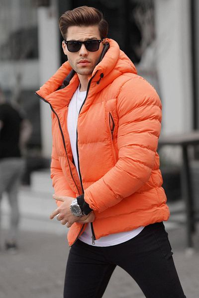 Madmext Oranžová pánská bunda Puffer s límečkem a kapucí 6805