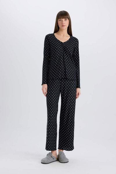 DeFacto New Season Pajama Set Softshell Long Sleeve Top Stretch Waist Long Bottom-Fall in Love