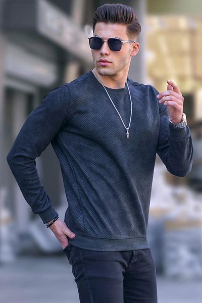 Madmext Anthracite Patterned Crew Neck Knitwear Sweater 5962