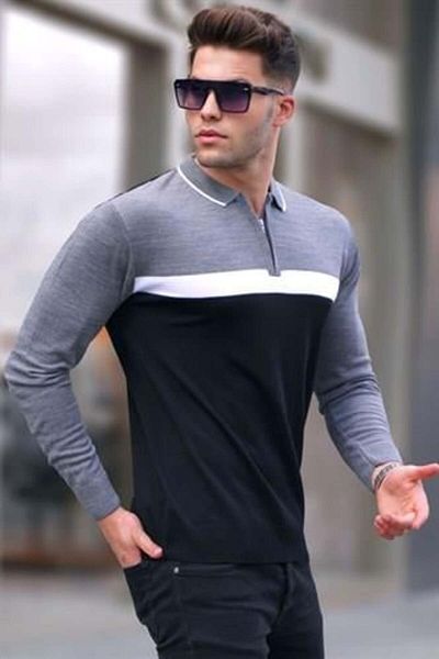 Madmext Black Zippered Polo Neck Knitwear Sweater 5787