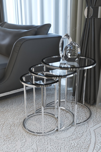 Puklife Pera 3'lü Zigon Sehpa Gümüş Renk Metal Ayak, Füme Cam