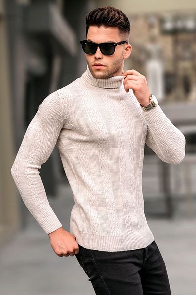 Madmext Stone Color Patterned Turtleneck Knitwear Sweater 5769