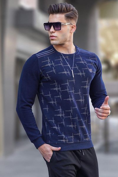 Madmext Marineblauer gemusterter Strickpullover mit Rundhalsausschnitt 5968