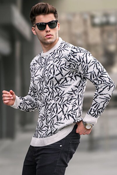 Madmext Pletený svetr s výstřihem se vzorem kamínkové barvy 5767