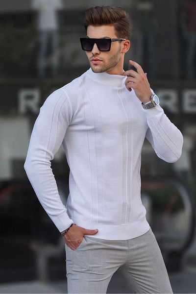 Madmext White Turtleneck Patterned Sweater 6825