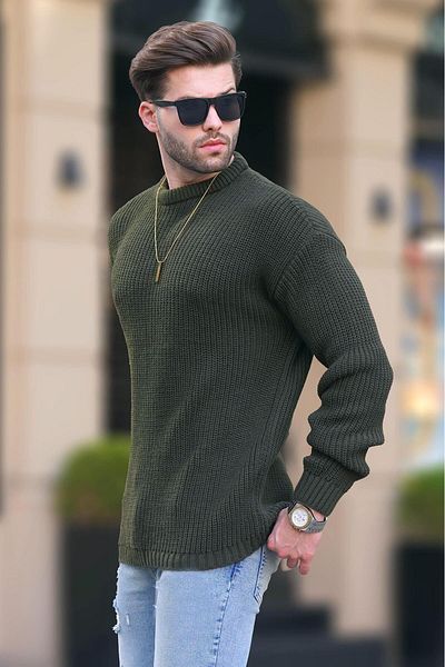 Madmext Sweter z długim rękawem i okrągłym dekoltem w kolorze khaki, dzianinowy - 7246
