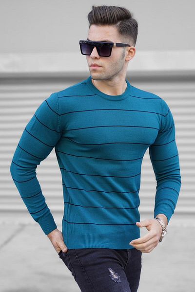 Madmext Pulover tricot cu dungi verde petrol 5177
