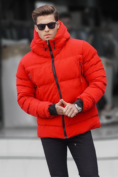 Madmext Red Stand Collar Hooded Men's Puffer Jacket 6805