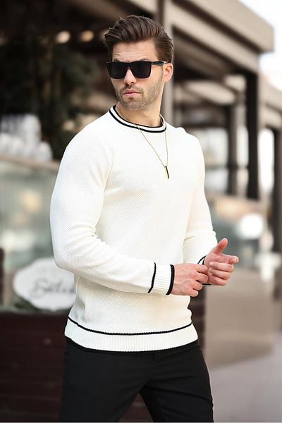 Madmext Langärmliger, ecrufarbener Strickpullover – Rundhalsausschnitt und Streifendetail 7245