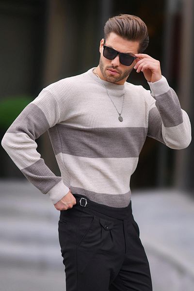 Madmext Μπεζ μακρυμάνικο πλεκτό πουλόβερ - Crew neck, Color Block 7236