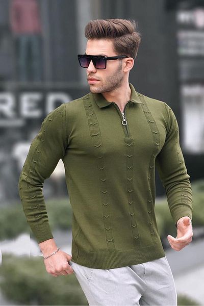 Madmext Πλεκτό πουλόβερ με φερμουάρ Khaki 5606