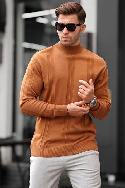 Madmext Açık Kahve Balıkçı Yaka Desenli Kazak 6825