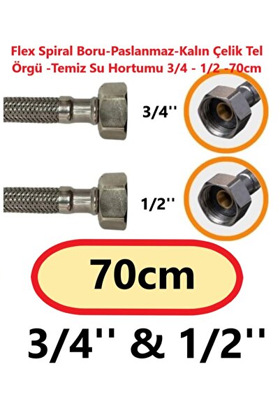 ece life Flex Spiral Boru -Paslanmaz -Kalın -Çelik Tel örgü -Temiz Su Hortumu 3/4 - 1/2 -70cm