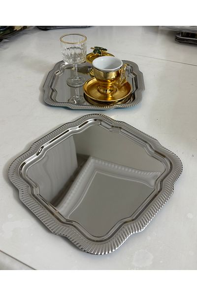 Elzemm store Steel Edge Patterned 2 Pieces Square Flower Model Wavy Service Tray Presentation