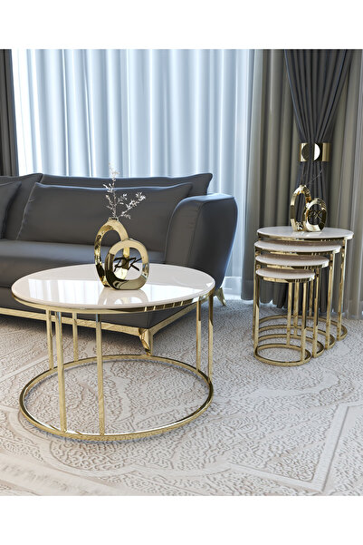 Puklife 4'lü Ceylin Zigon Ve Orta Sehpa Seti Gold Renk Metal Ayak, Parlak Yüzey Krem Mdf