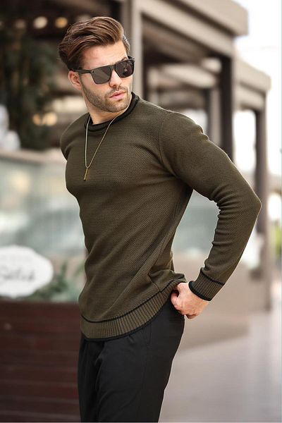 Madmext Sweter z długim rękawem w kolorze khaki, z okrągłym dekoltem i wzorem w paski 7245