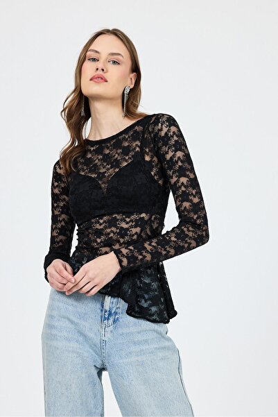 Rays Μαύρη μακρυμάνικη διάφανη δαντέλα μπλούζα 13288