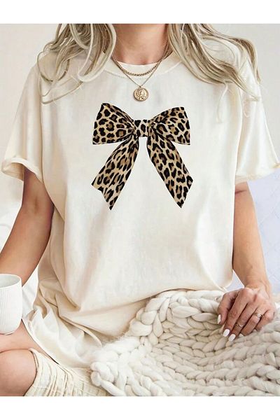 trendgar Tricou oversize bej cu imprimeu leopard