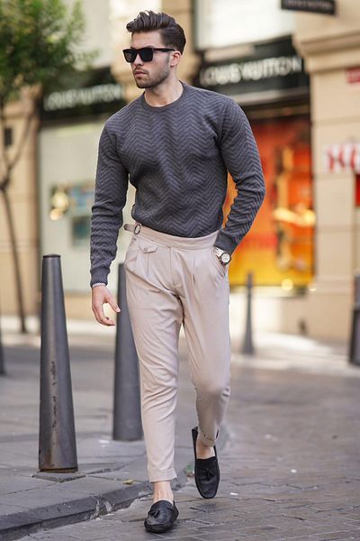 Madmext Herringbone Patterned Anthracite Long Sleeve Knitted Sweater - Crew Neck 7219