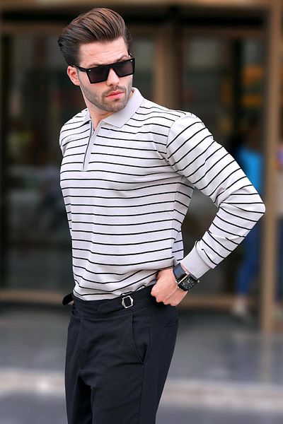 Madmext Polo Neck Gray Striped Zippered Sweater 7243