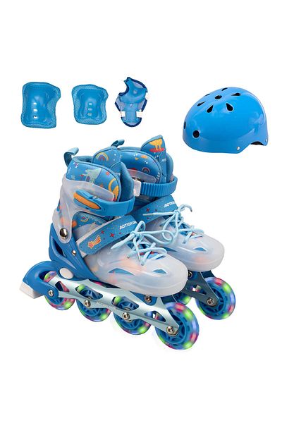 ACTION ONE Set role Blue Dinosaur, cu casca, protectii si geanta transport, roti luminoase, mar M (33-37), blue