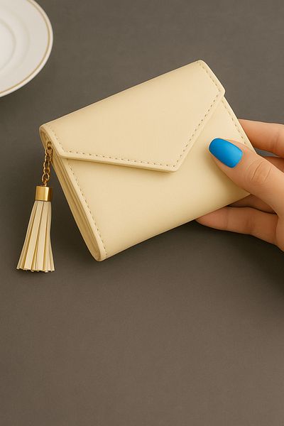Dema Cream Colored Leather Tasseled Women's Wallet