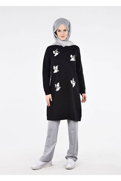 TRENDTESETTÜR Γυναικείο Μαύρο T 2531 Bird Sequined 2-Pece Sports Hijab Suit - Bwest