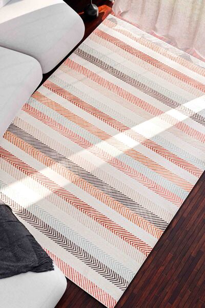 Serente Home Stripe Patterned Washable Non-Slip Base Chenille Cream Tile Kitchen Carpet 4154