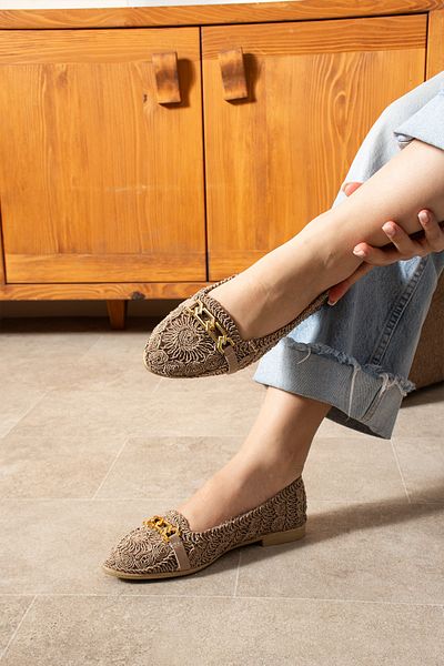 albasso Scaty Women's Buckle Knitted Ballerina Shoes Mother Shoes Mink Women's Casual Shoes Lace Ballerinas