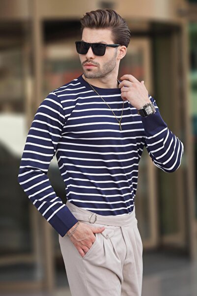 Madmext Lacivert Bisiklet Yaka Çizgili Kazak 7241