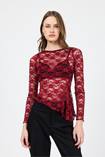 Rays بلوزة دانتيل شفافة بأكمام طويلة باللون العنابي 13288