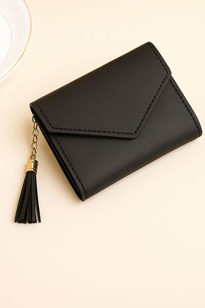 Dema Black Leather Women's Wallet with Tassels - Card Holder