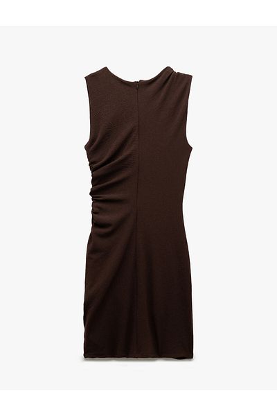 Koton Crepe Fabric Sleeveless Crew Neck Draped Above Knee Length Pencil Dress