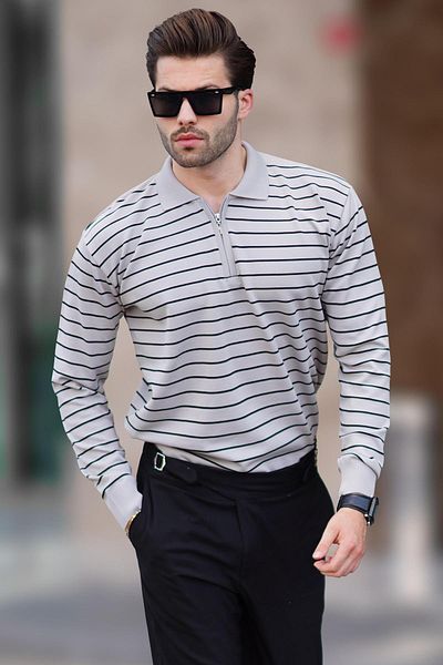 Madmext Polo Neck Gray Striped Zippered Sweater 7243