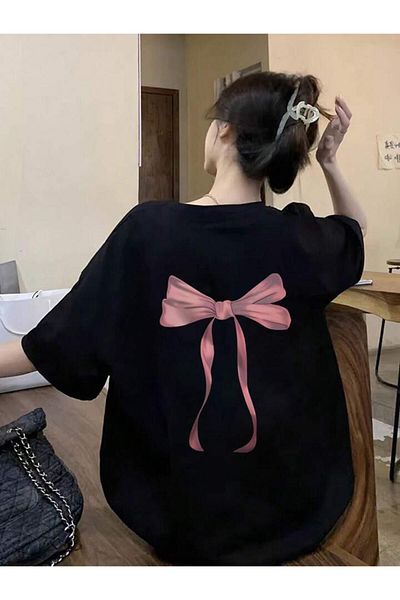 trendgar Tricou oversize negru cu imprimeu pe spate cu fundita roz