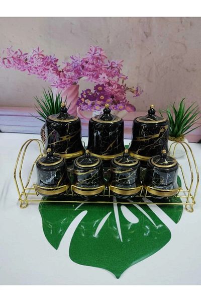 MadaMelya Marble Porcelain Spice Rack Set (7 Pieces) Black
