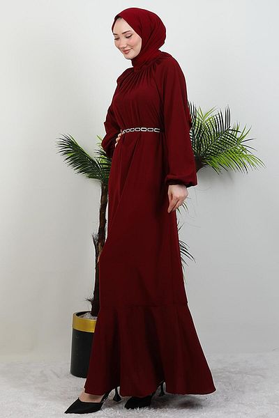 GİYZAMİLA Chain Belted Hijab Dress Claret Red