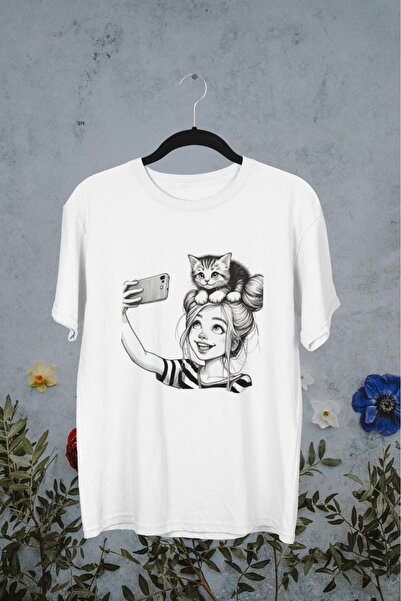 Butik تي شيرت بناتي/نسائي/أمي كات بوسي- نقل مطبوع برقبة دائرية وأكمام قصيرة