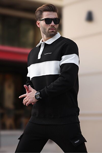 Madmext Siyah Polo Yaka Renk Bloklu Erkek Sweatshirt 7072